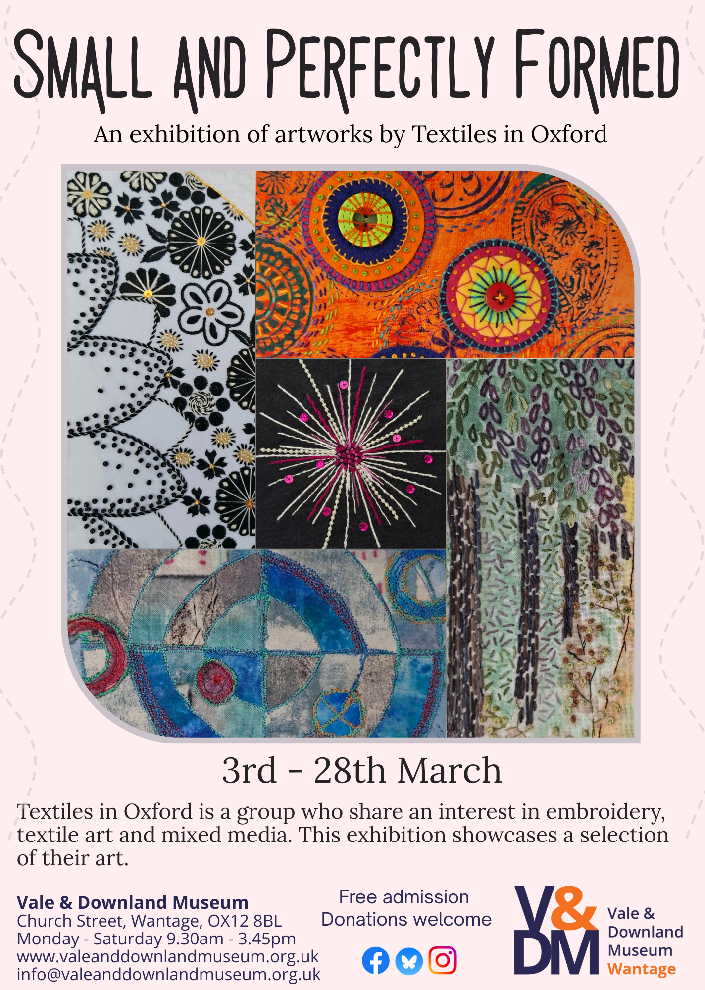 Exhibition poster with black text 'Small and Perfectly Formed' above a curved-edge square full of colourful samples of textile art