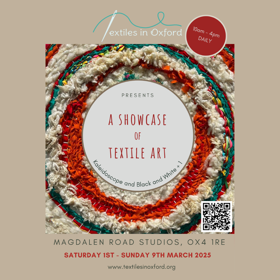 Light brown exhibition poster with white circle in centre and red text 'a showcase of textile art' surrounded by brightly coloured textile art by Laura Azevedo