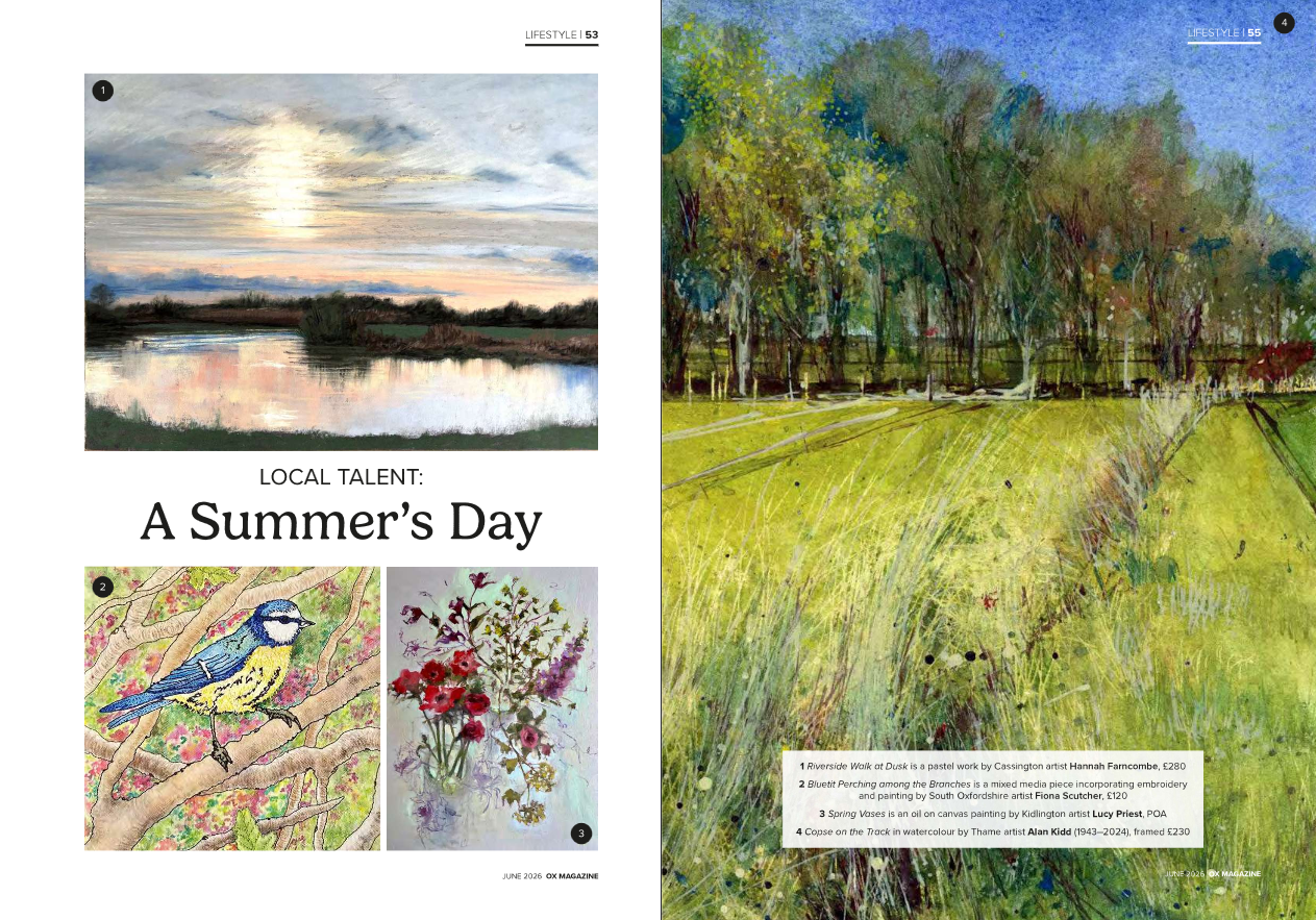 magazine double page spread showing various artworks including embroidered bluetit, painted sunset over water and painted vase of flowers