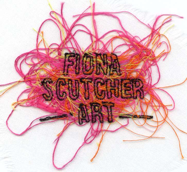 Free motion embroidery of Fiona Scutcher Artist logo in black outline on bright pink and yellow scrappy thread background