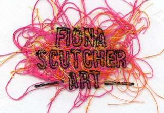 Free motion embroidery of Fiona Scutcher Artist logo in black outline on bright pink and yellow scrappy thread background